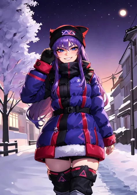 ((by fabercastel)), (violet haired and blue eyed beautiful anime human girl:1.2), down jacket, red beanieÐ± mittens, smile, pants, waving at the viewer, winter scenery, night, moon, snow, HDR, intricate details, hyperdetailed, hyper detailed, 8k, uhd, ultr...