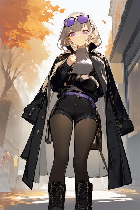 anime girl in black outfit and sunglasses standing on sidewalk with cell phone