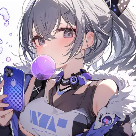 anime girl with a bubble bubble in her mouth holding a cell phone