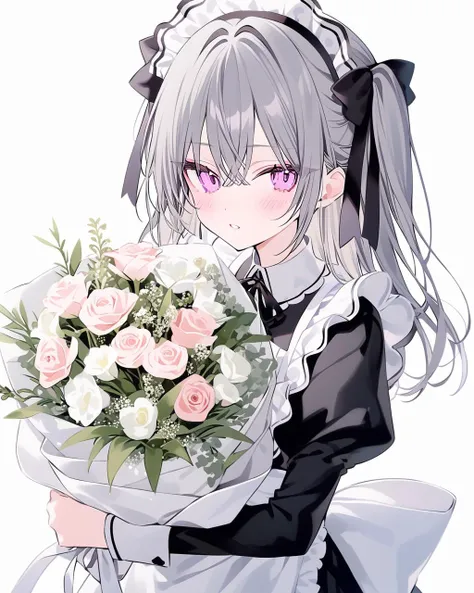 anime girl with a bouquet of flowers in her hand