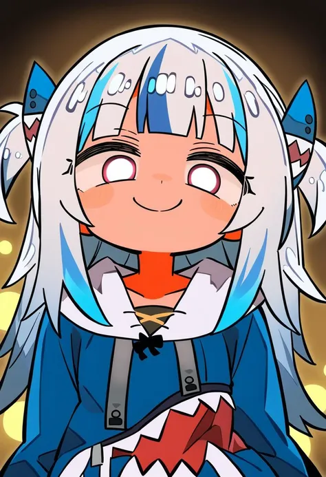 a close up of a cartoon character with a blue and white hair