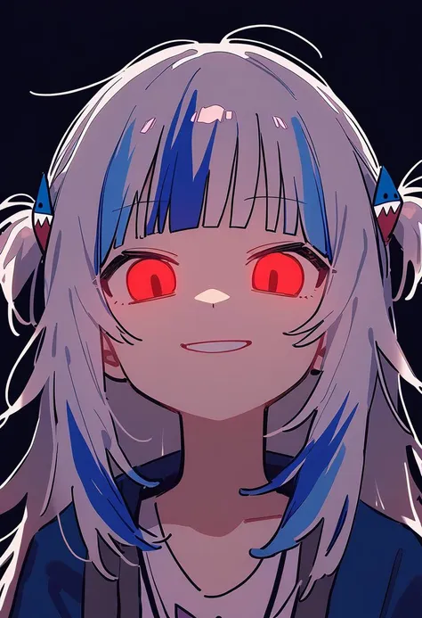 anime girl with blue hair and red eyes staring at the camera