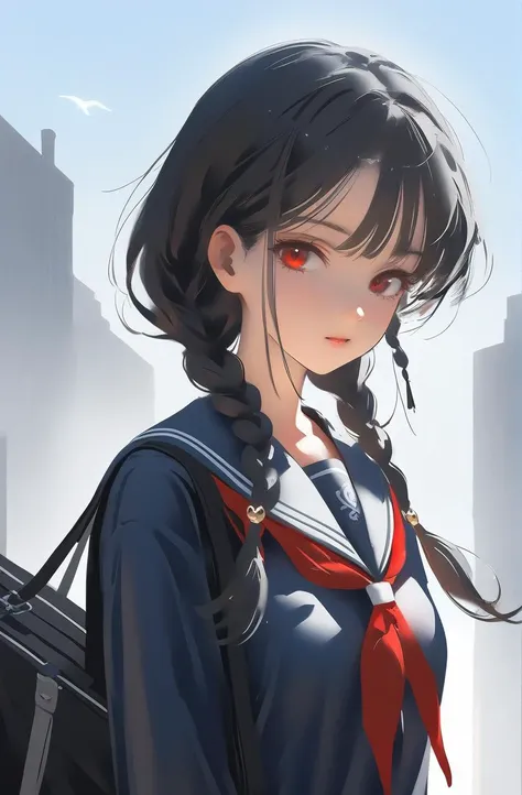 nai3,god light,wlop,
best quality,1girl,short black hair,red eyes,looking at viewer,half body,holding a school bag,wearing a seifuku,under the clear day sky,high resolution illustration,A full art illustration in a flat anime style,her twin braids and jewe...