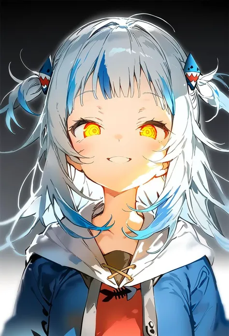 1girl, anmi, gawr gura, hololive, smirk, glowing eyes, low illumination, medium quality, late