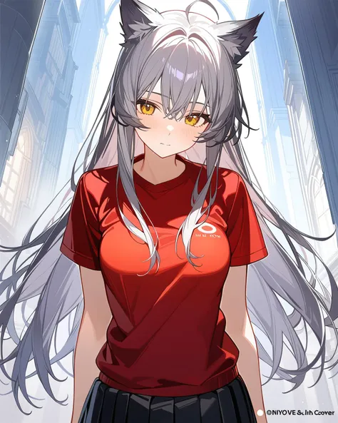 (1girl:1.2), solo, yellow eyes, grey hair, wolf ears, long hair, straight hair, Grey T-shirt, red coat, black skirt, (ahoge:0.9), sidelocks, medium breasts,  breasts, (fingerless glove:0.85), 
masterpiece, (best quality:1.05), official art, extremely detai...