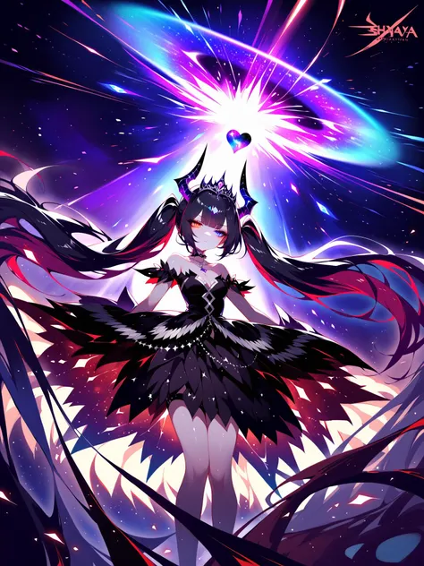 (sheya),
,elder, fantasy legend,1girl, succubus, demon lord, warlord, evil, kingdom,shiny slik skin,majestic,tyndall effect,,BREAK,(demon horns,(nebula horns:1.2) , dark aura surrounded),,BREAK,twintails,high tails,gradient hair, (white + silver + black ha...