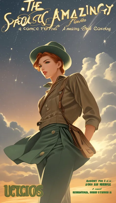 a cover for a comic book, a comic book cover about all space cowboy, 1 cowboy wearing a hat in the style of amazing stories, 1940s 1950s, red and green, comic art, realistic genre scenes, romanticized realism dynamic