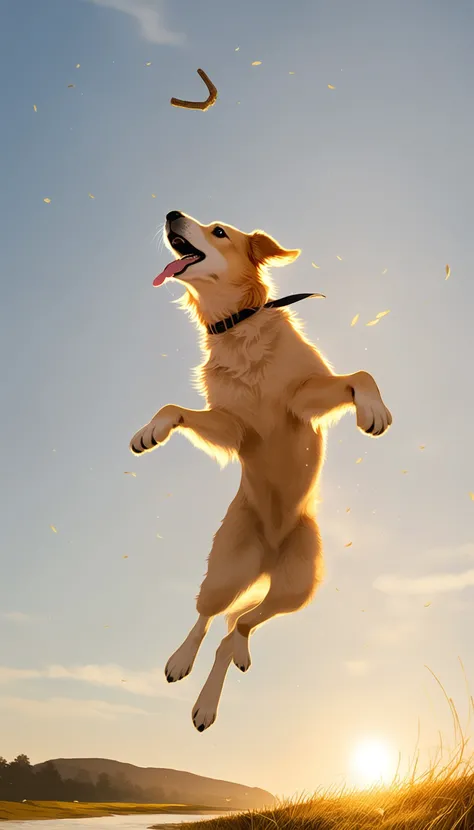 Golden retriever jumping to catch a stick