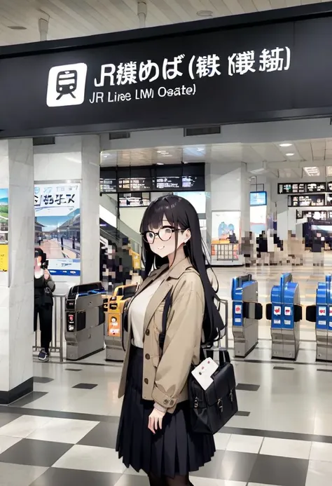 arafed woman in a black skirt and a tan jacket standing in front of a sign