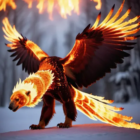 (half polar bear) half flaming phoenix,<lora:Phoenix:0.68>,terrifying glowing eyes,flaming wings,<lora:phoenix:0.68>,