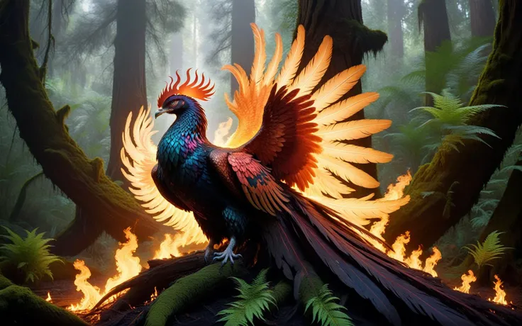 Wide angle cinematic still. ((In the style of golden ratio)). In the middle of a serene fantasy redwood grove is a smoking glowing embers tree stump partially charcoal texture. On one of its long branches perched a [[flaming ethereal]] majestic phoenix. It...