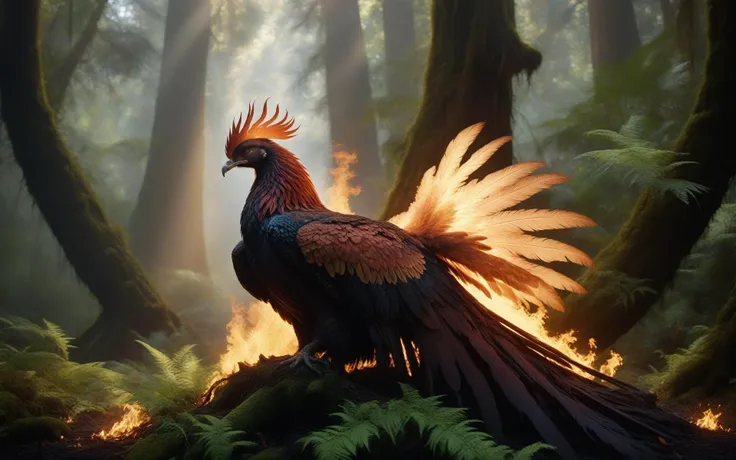 Wide angle cinematic still. ((In the style of golden ratio)). In the middle of a serene fantasy redwood grove is a smoking glowing embers tree stump partially charcoal texture. On one of its long branches perched a [[flaming ethereal]] majestic phoenix. It...