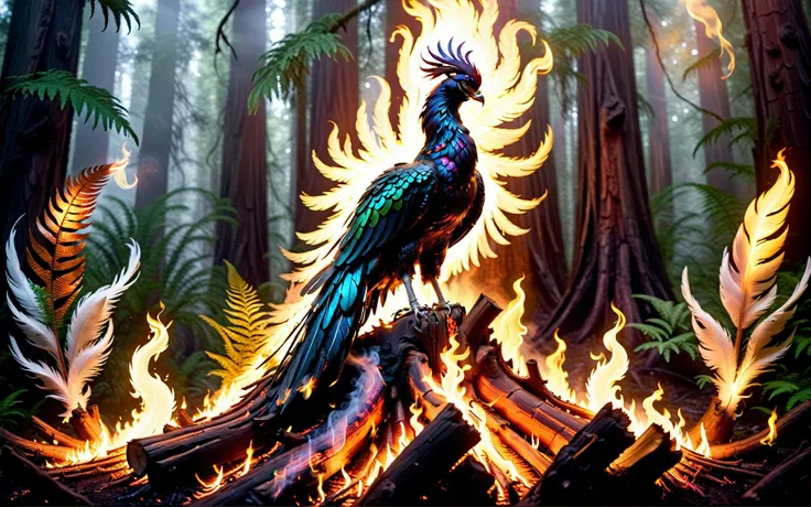 Wide angle cinematic still. ((In the style of golden ratio)). In the middle of a serene fantasy redwood grove is a smoking glowing embers tree stump partially charcoal texture. On one of its long branches perched a [[flaming ethereal]] majestic phoenix. It...