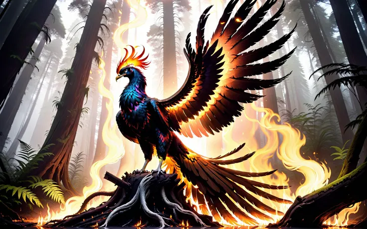 Wide angle cinematic still. ((In the style of golden ratio)). In the middle of a serene fantasy redwood grove is a smoking glowing embers tree stump partially charcoal texture. On one of its long branches perched a [[flaming ethereal]] majestic phoenix. It...