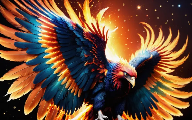 a close up of a bird with a fire on its wings