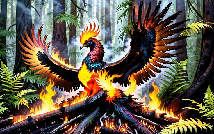In the middle of a serene fantasy redwood grove is a smoking glowing embers tree stump partially charcoal texture. On one of its long branches perched a [[flaming ethereal]] majestic phoenix. It glows gently with its heat as it looks out across its terrain...