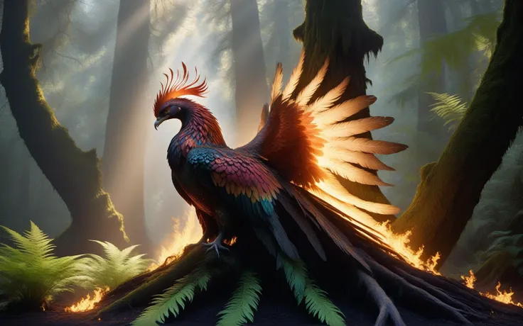 Wide angle cinematic still. ((In the style of golden ratio)). In the middle of a serene fantasy redwood grove is a smoking glowing embers tree stump partially charcoal texture. On one of its long branches perched a [[flaming ethereal]] majestic phoenix. It...