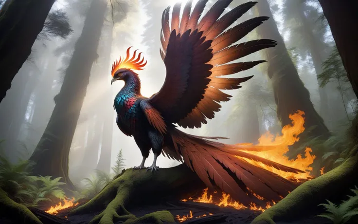 Wide angle cinematic still. ((In the style of golden ratio)). In the middle of a serene fantasy redwood grove is a smoking glowing embers tree stump partially charcoal texture. On one of its long branches perched a [[flaming ethereal]] majestic phoenix. It...