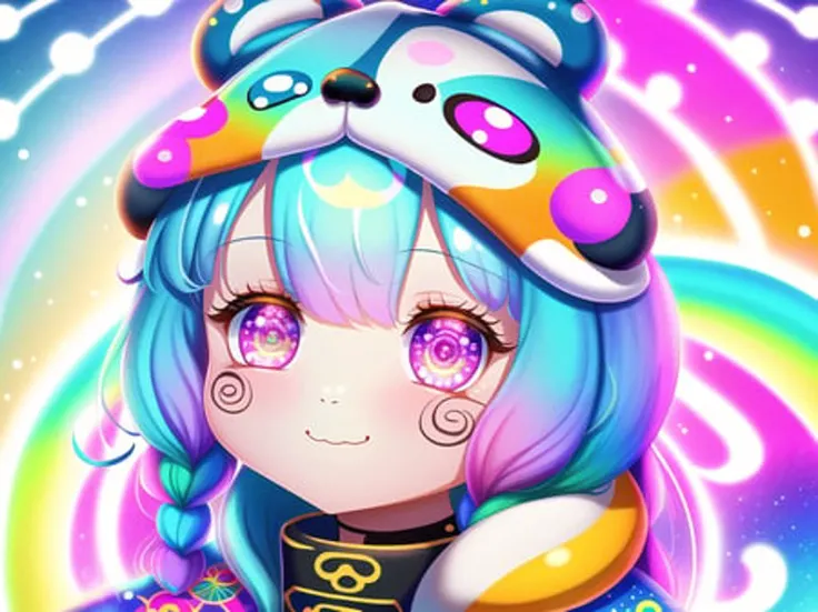 celestial, psychedelic, panda girl, (intricate details:0.9), happy