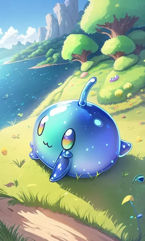 masterpiece, best quality, highres, absurdres, ultradetailed, cute rpg slime on a beautiful grassy hill, blue slime