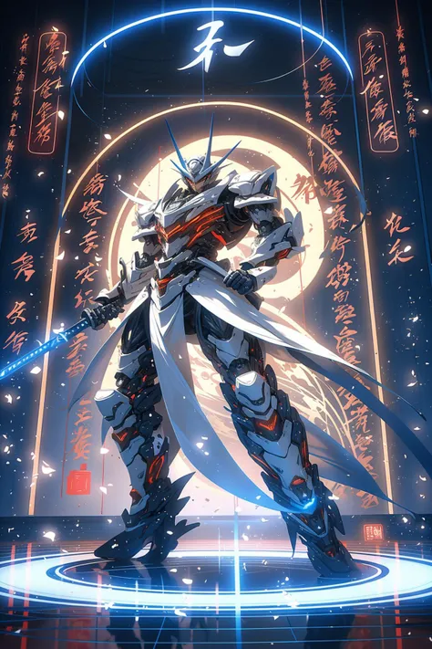 Surrounded by rotating transparent red scrolls, floating transparent red Chinese characters, dynamic, 1 man standing in the air, chinese clothnot looking at the camera, writing calligraphy, solo, blue eyes, holding, weapon, holding weapon, glow, robot, mec...