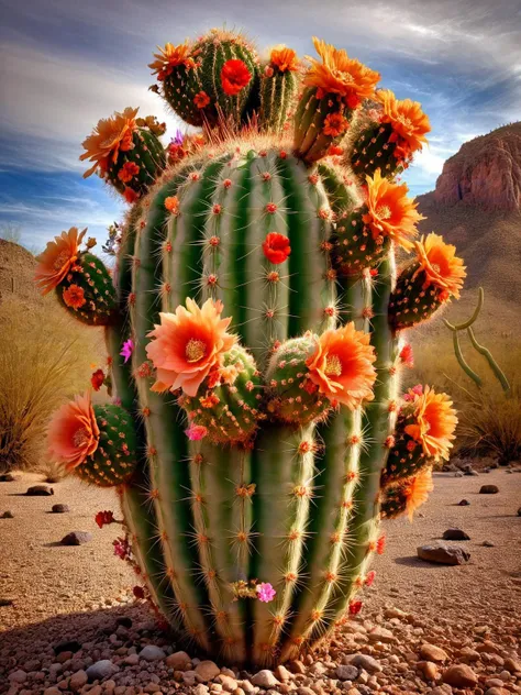 cactus with orange flowers in the desert with mountains in the background