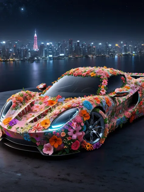 a close up of a car with flowers on it in front of a city