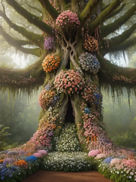 there is a tree with a house made of flowers