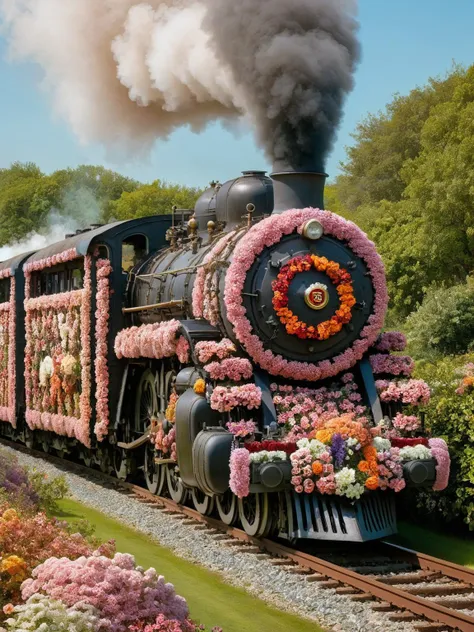 arafed train with flowers on the front of it traveling down the tracks