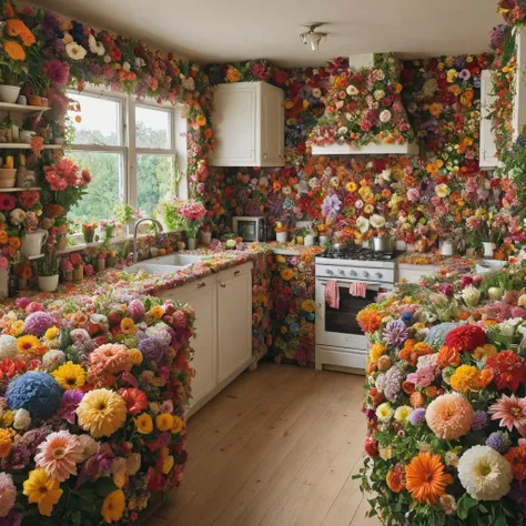 indoors, kitchen covered in flowers <lora:Flowery_Style_SDXL:1>