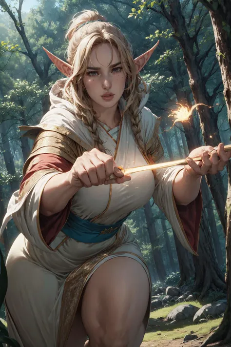 a woman in a white dress holding a wand in a forest