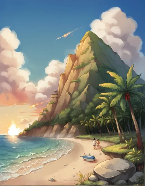 painting of a beach with a mountain and a person on a surfboard