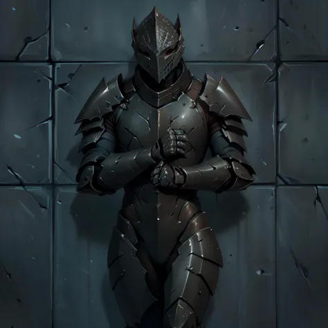 a close up of a person in armor standing in front of a wall