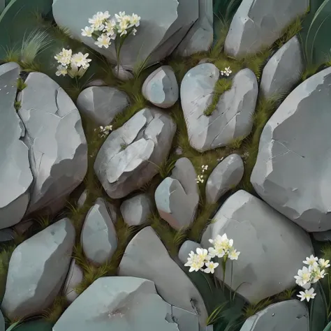 painting of a bunch of rocks with flowers growing out of them