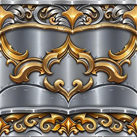 a close up of a metal plate with gold and silver designs