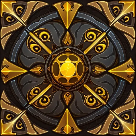 a close up of a gold and black square with a star