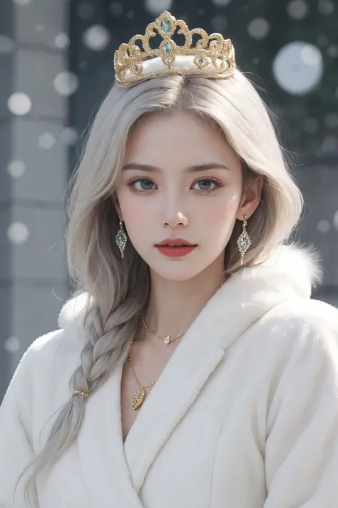 1lady,Queen, solo,realistic,
(castle:1.3),
upper body,
(green-eyes:1.3),white hair,White eyelashes, white eyebrows,Crown, jewel necklace, gold gloves, jewel earrings,Gemstone belt,
Junior background,Its snowing,A white fur coat,
holiday,head tilt,