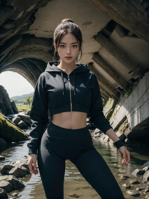 a woman in a black top and black leggings standing in a stream