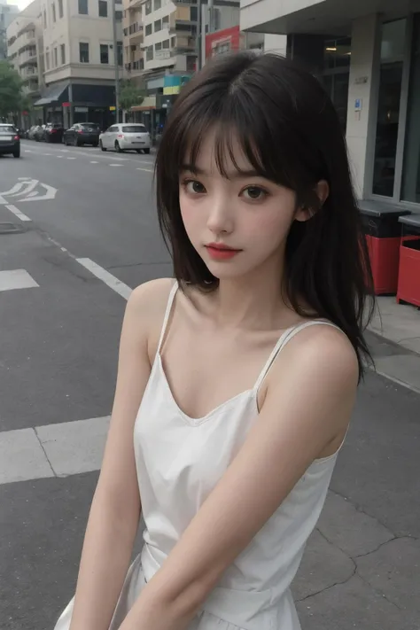 a close up of a woman in a white dress on a city street