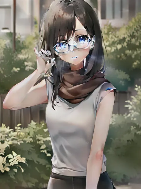 anime girl with glasses talking on a cell phone in a garden