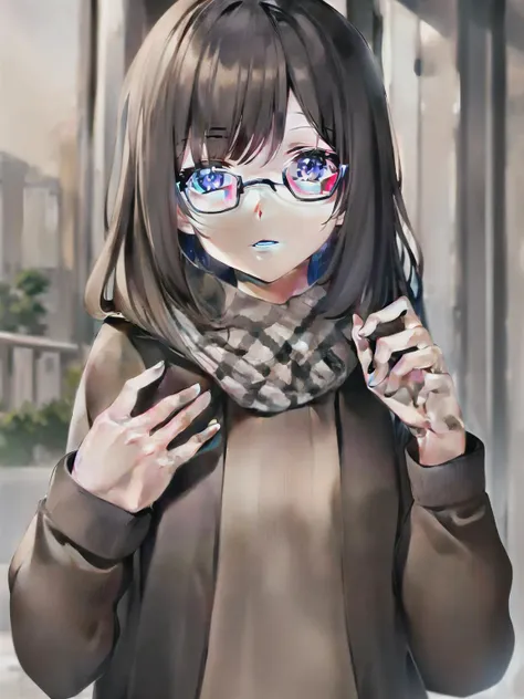 anime girl with glasses and scarf on a city street