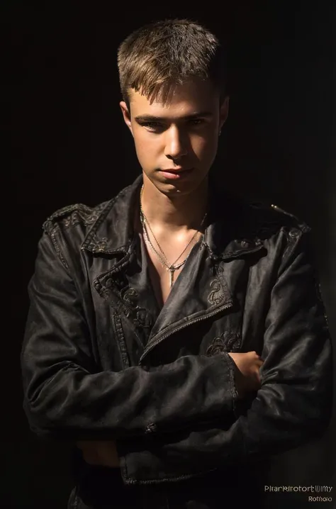 a close up of a man in a leather jacket with his arms crossed