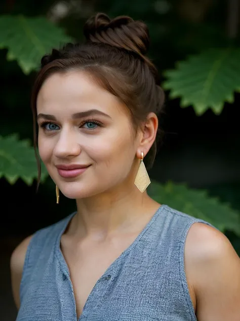 A beautiful j03yk woman,1girl,solo,looking at viewer,smile,blue eyes,brown hair,jewelry,closed mouth,earrings,sleeveless,hair bun,blurry,lips,blurry background,portrait,realistic,soft lighting, professional Photography, Photorealistic, detailed, RAW, analo...