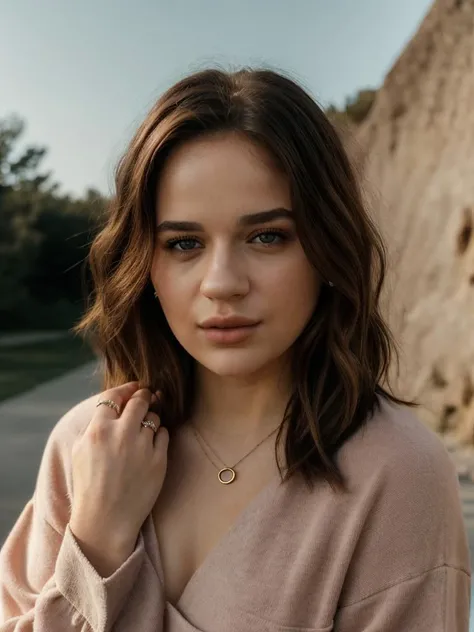 A beautiful j03yk woman,1girl,solo,long hair,looking at viewer,simple background,brown hair,jewelry,upper body,parted lips,lips,ring,realistic,hand on own shoulder,soft lighting, professional Photography, Photorealistic, detailed, RAW, analog, sharp focus,...