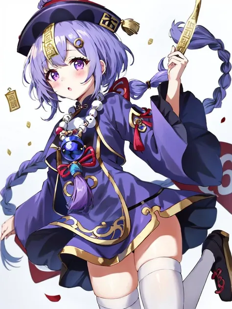 qiqi GenshinImpact, <lora:qiqi:0.5> 1girl, kawaii, blush :o ofuda qing_guanmao jiang shi long_sleeves, necklace, purple_eyes, jewelry, dress, bandaged_leg thighhighs, bangs, lightpurple_hair shiny hair, braided_ponytail, hair_ornament, white_legwear