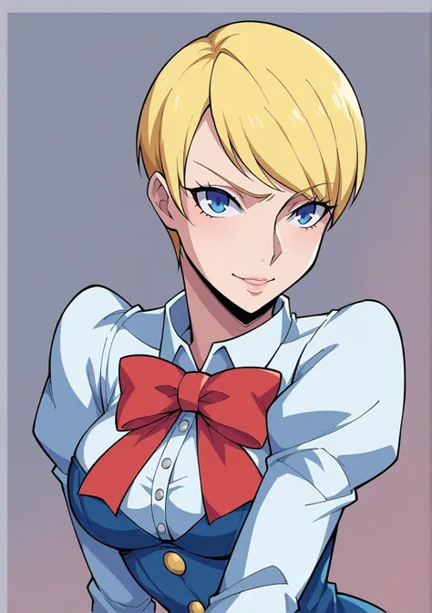 score_9, score_8_up, score_7_up, BREAK,  <lora:sleepygimp-guy-PONYv1:1>, 1girl, solo, cowboy shot, large breasts, Aigis, (Persona 3), yellow hair, short hair, blue eyes, android, red bow