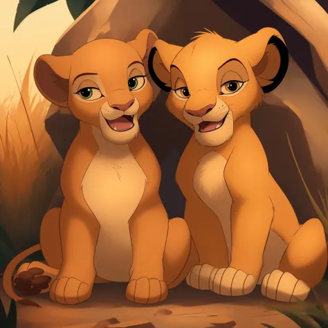 two young lions sitting next to each other in a cave