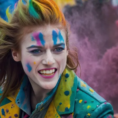 rose_leslie, long hair, looking at viewer, female joker, wearing joker jacket, coming out of colored smoke,(dynamic pose, joker haircut, evil smile, colorful, paint explosion, eplosive dust, <lora:RoseLeslieXL:1>, ((sharp face, detailed face, realistic fac...