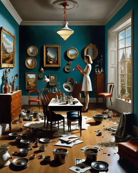 a person Tidy up living spaces. :1.3, Alice Prin, surreal photography, a surrealist painting, art photography, promotional image, a hyperrealistic painting, hyperrealism, panfuturism , <lora:Photo_Fantasy:0.8>