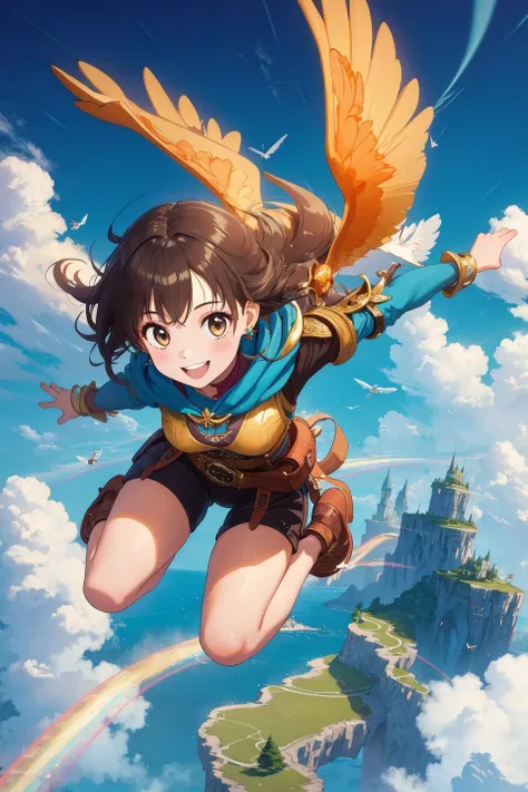 a girl flying over a castle with a bird on her back